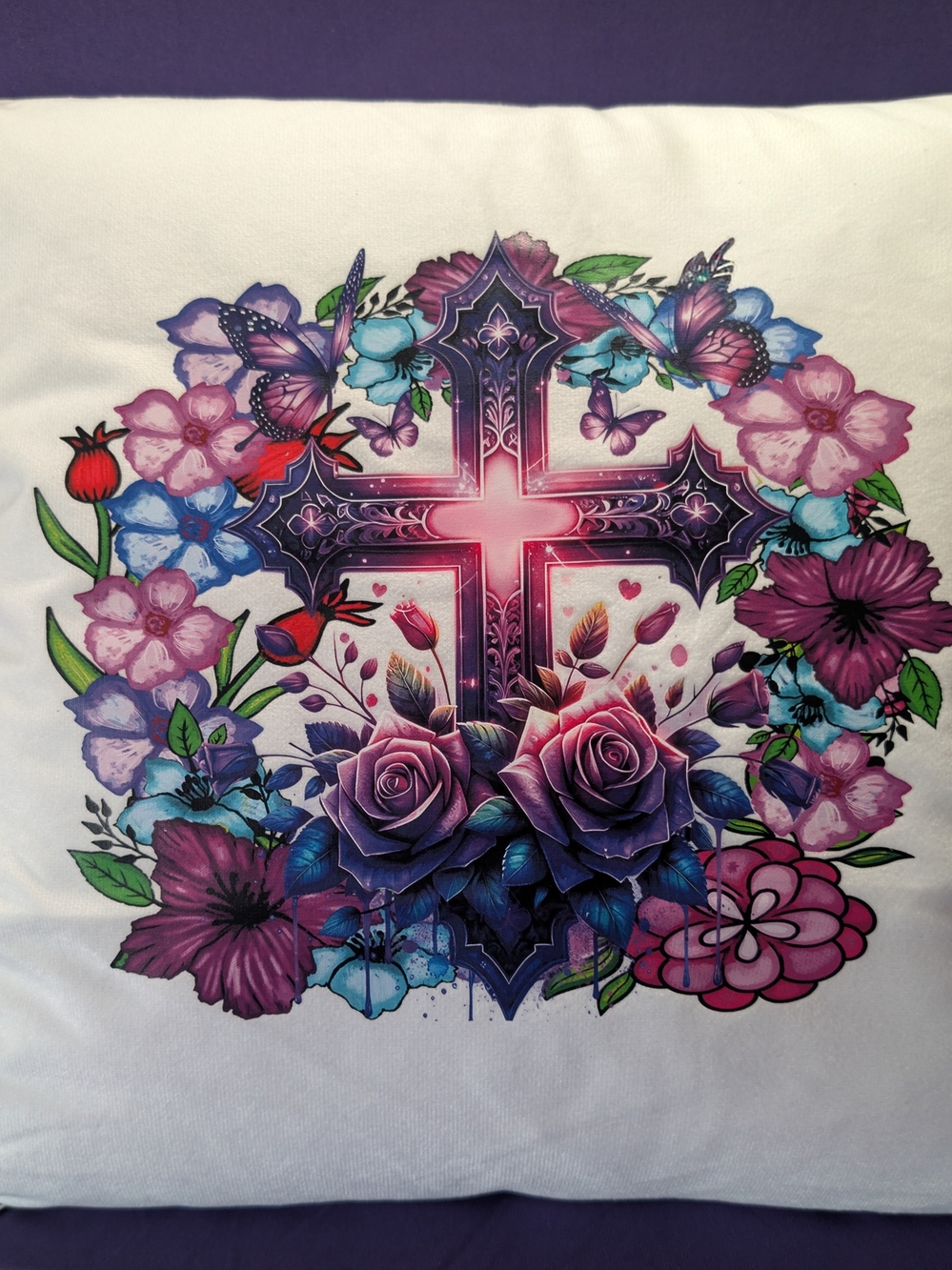 Floral Cross Pillow - Purple & Pink Roses